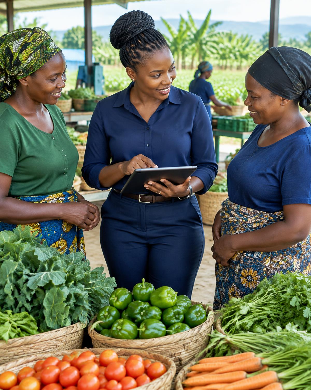An advisor discussing business with produce cooperative entrepreneurs